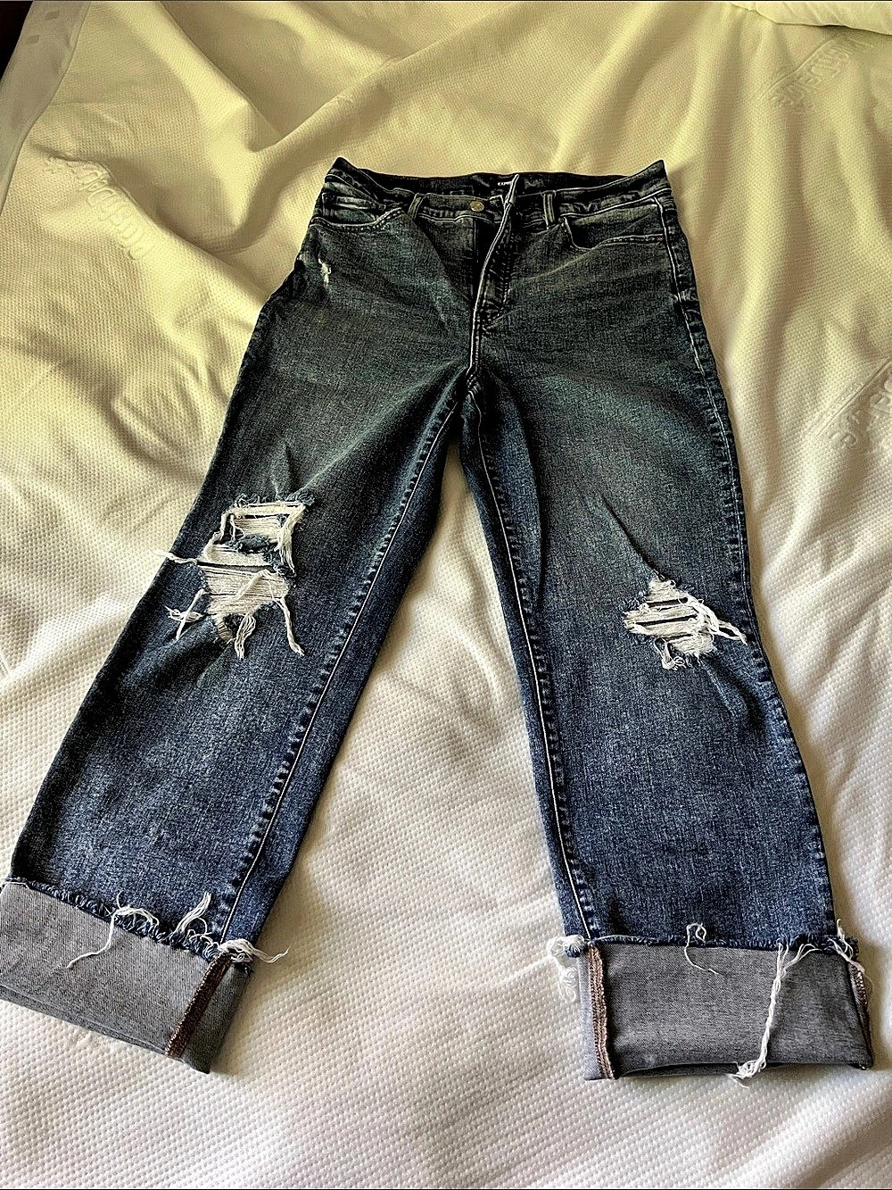 Express Modern Straight Super High Rise Distressed Straight Leg Jeans Blue Waist